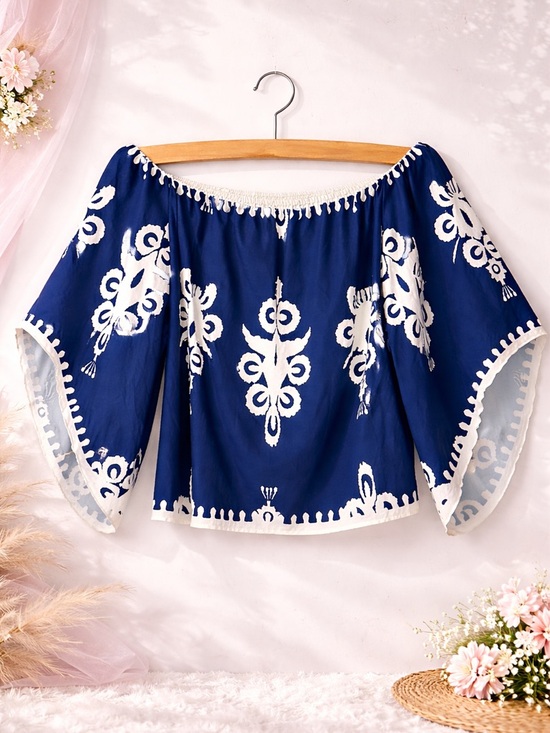 SHEIN Tops - Blue Off-Shoulder Blouse with Vintage Print